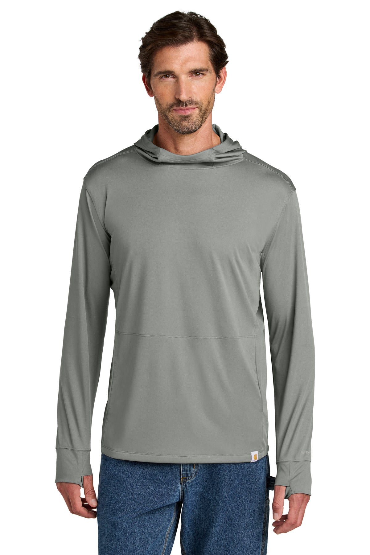 Front View of AsphaltGry Carhartt Force Sun Defender Long Sleeve Hooded T-Shirt CT106923