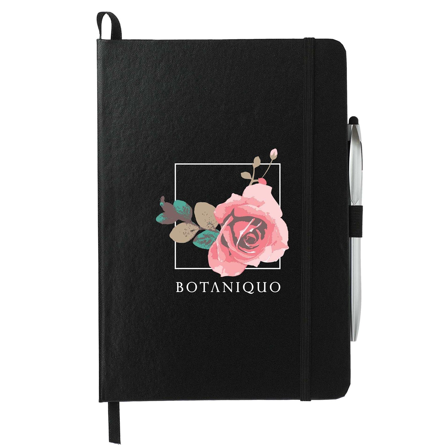 Front View of Black 6" x 8.5" FSC® Mix Crown Journal with Pen-Stylus