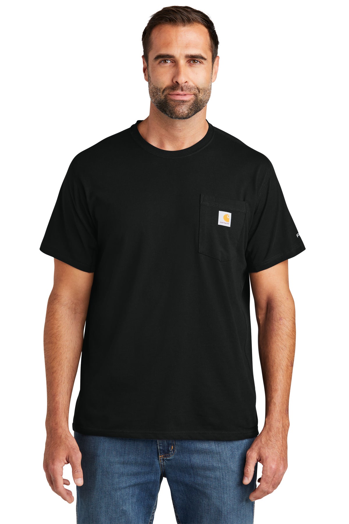 Front View of Black Carhartt Force Short Sleeve Pocket T-Shirt CT106652