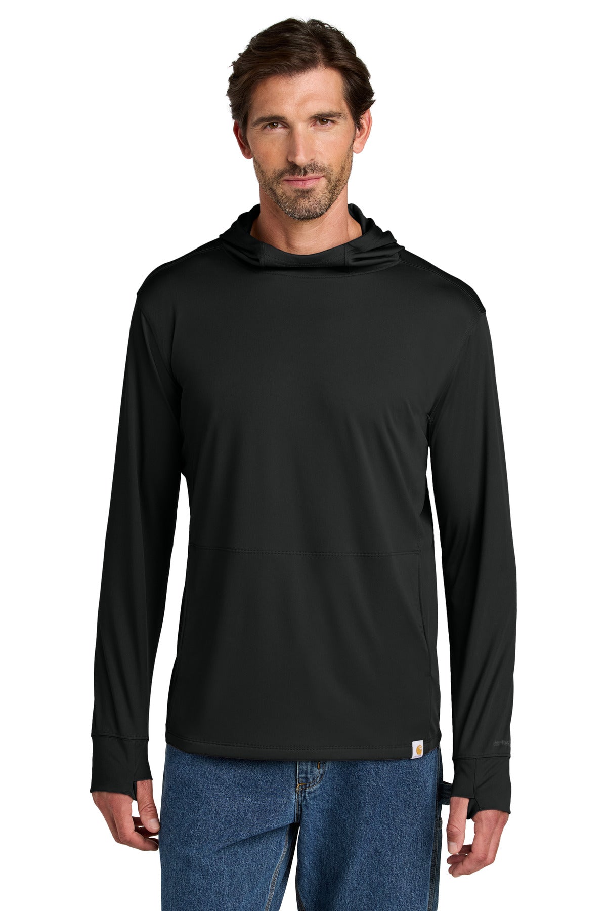Front View of Black Carhartt Force Sun Defender Long Sleeve Hooded T-Shirt CT106923