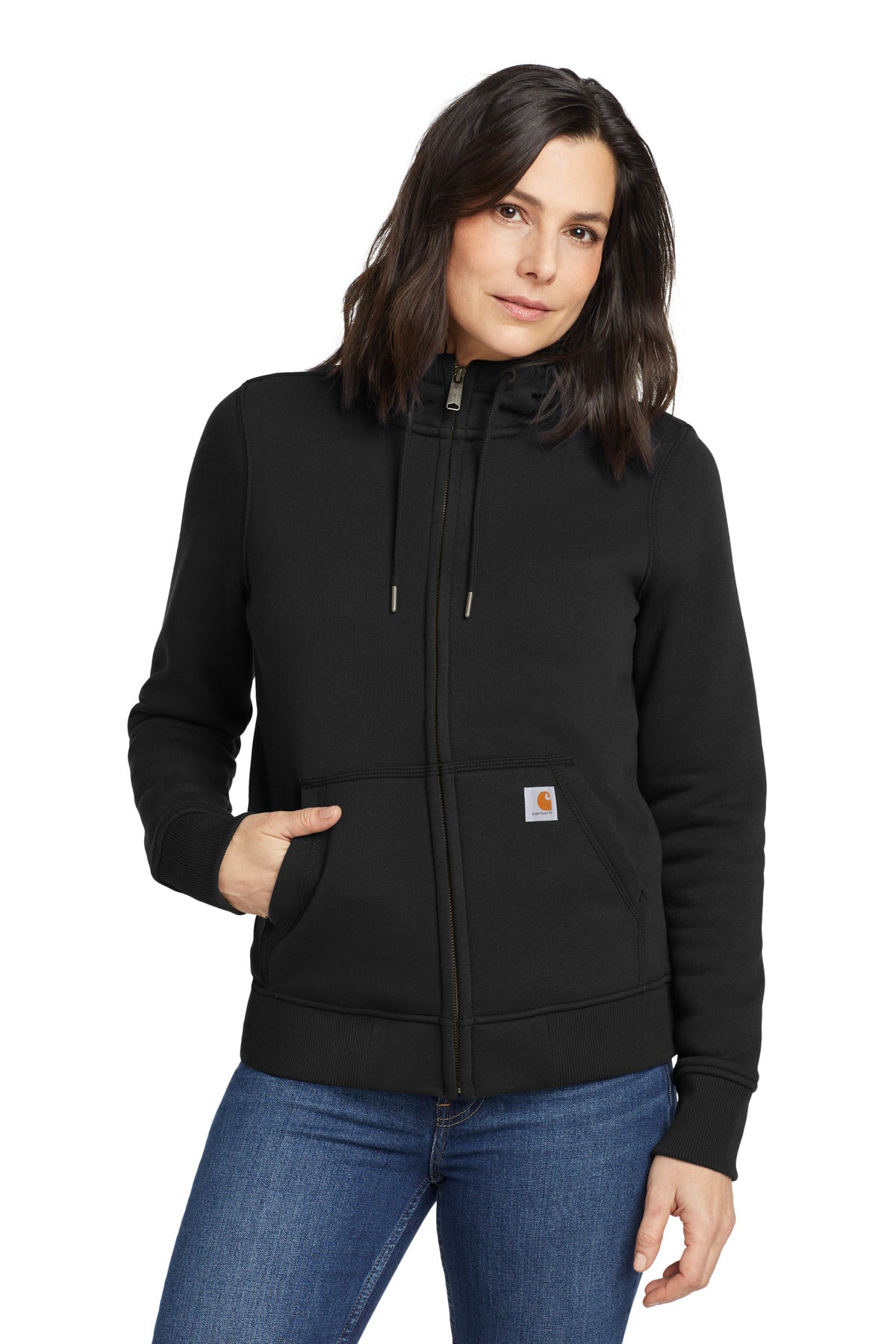 Front View of Black Carhartt Women's Clarksburg Full-Zip Hoodie CT102788