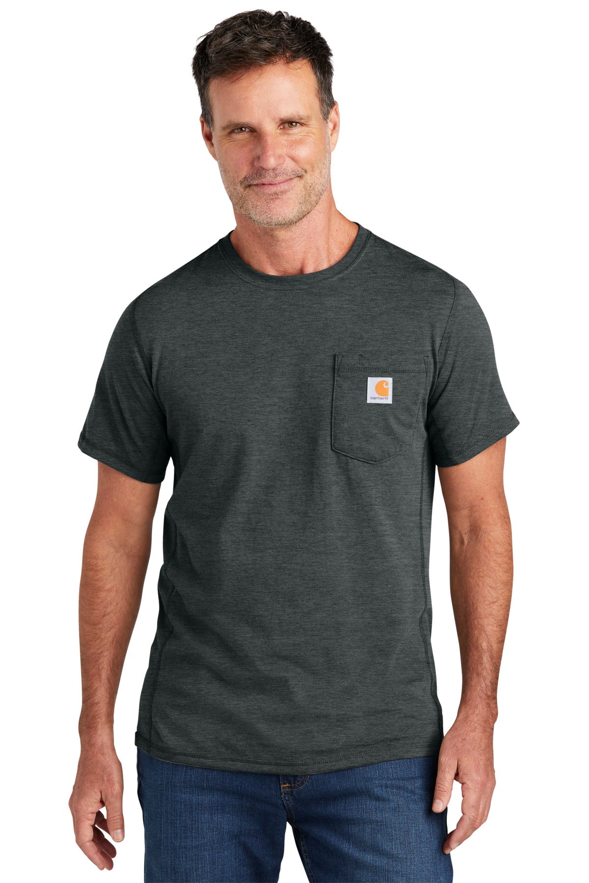 Front View of CarbonHthr Carhartt Force Short Sleeve Pocket T-Shirt CT106652