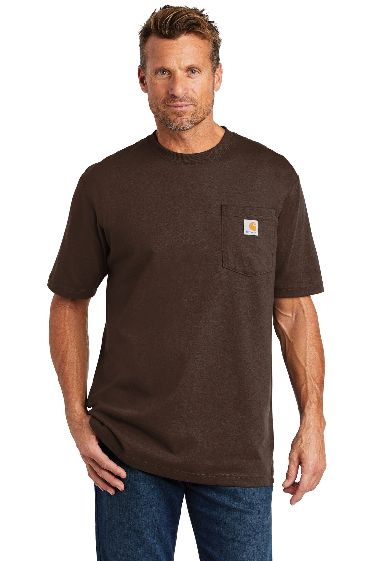 Front View of Dark Brown Carhartt Workwear Pocket Short Sleeve T-Shirt. CTK87