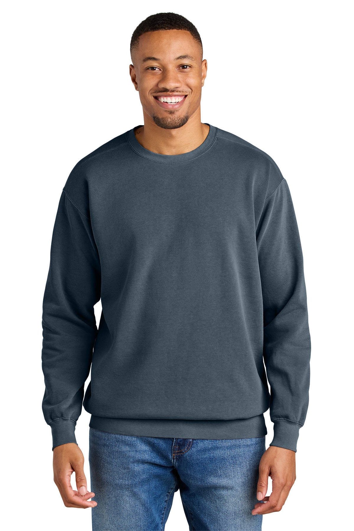 Front View of Denim COMFORT COLORS Ring Spun Crewneck Sweatshirt. 1566