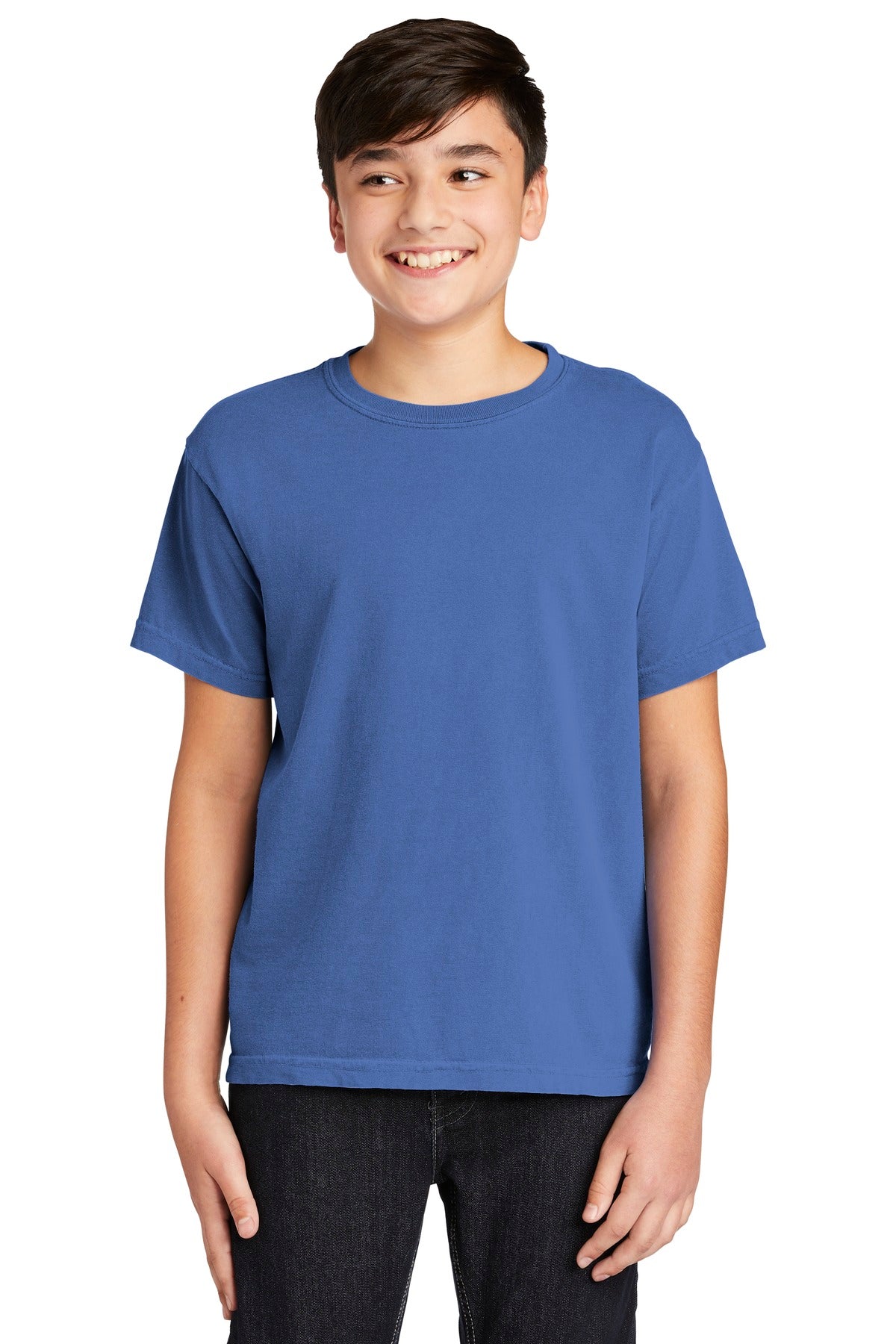 Front View of Flo Blue COMFORT COLORS Youth Heavyweight Ring Spun Tee. 9018
