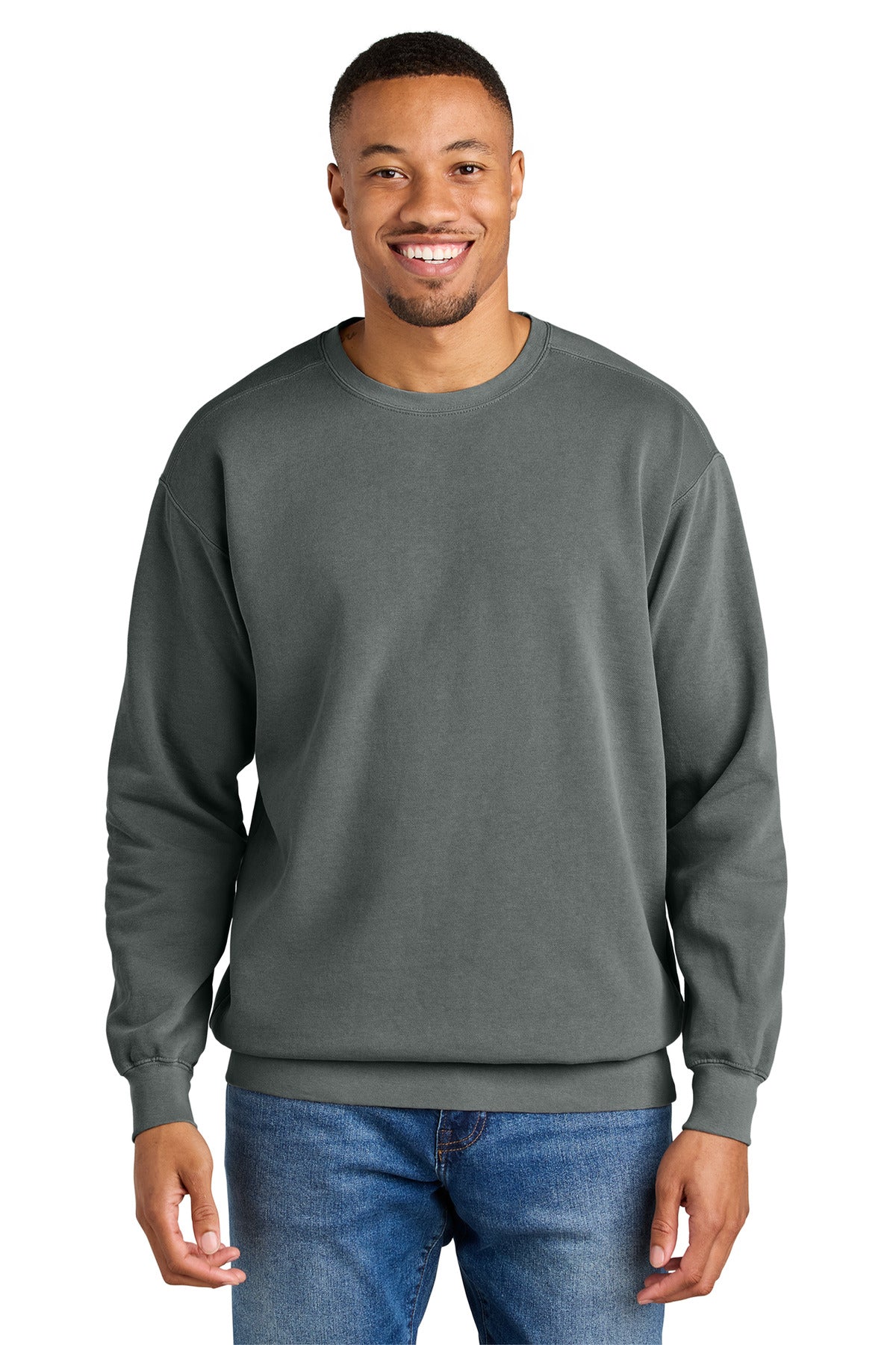 Front View of Grey COMFORT COLORS Ring Spun Crewneck Sweatshirt. 1566