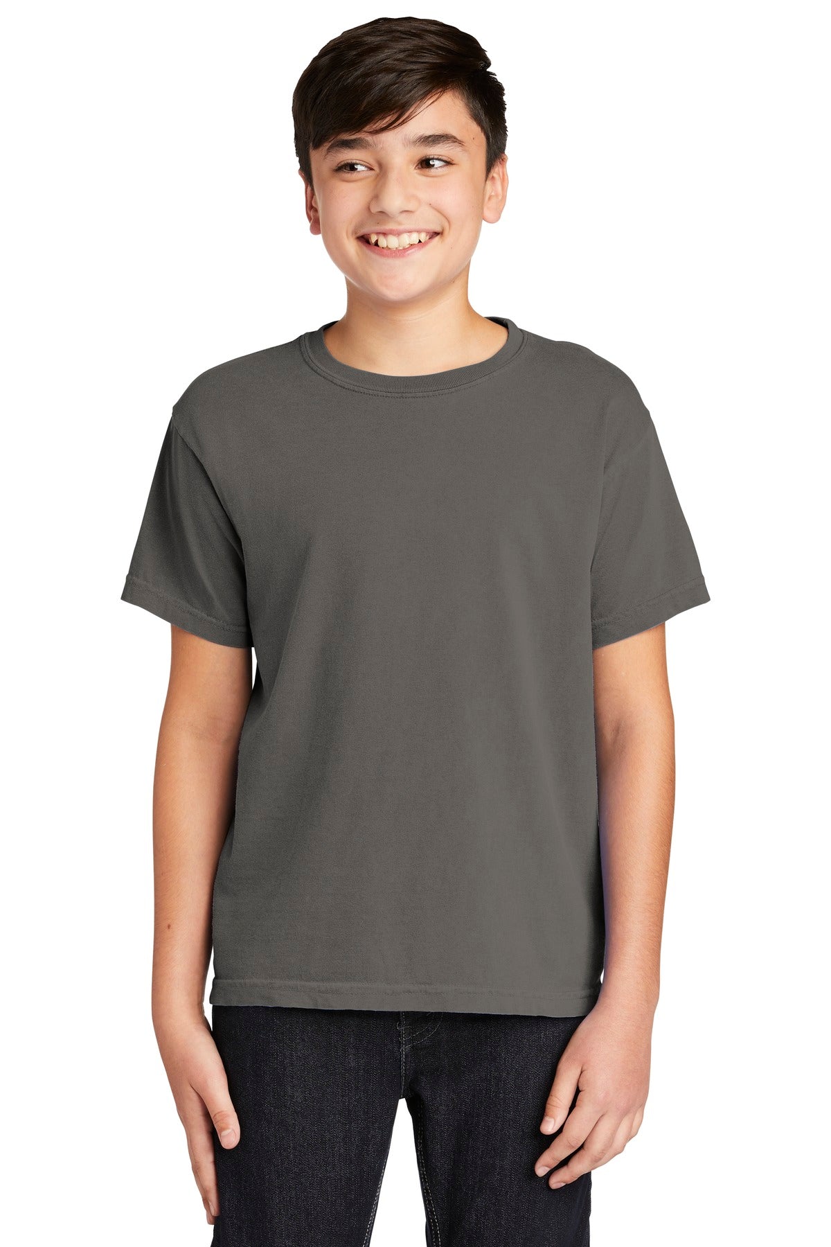Front View of Grey COMFORT COLORS Youth Heavyweight Ring Spun Tee. 9018