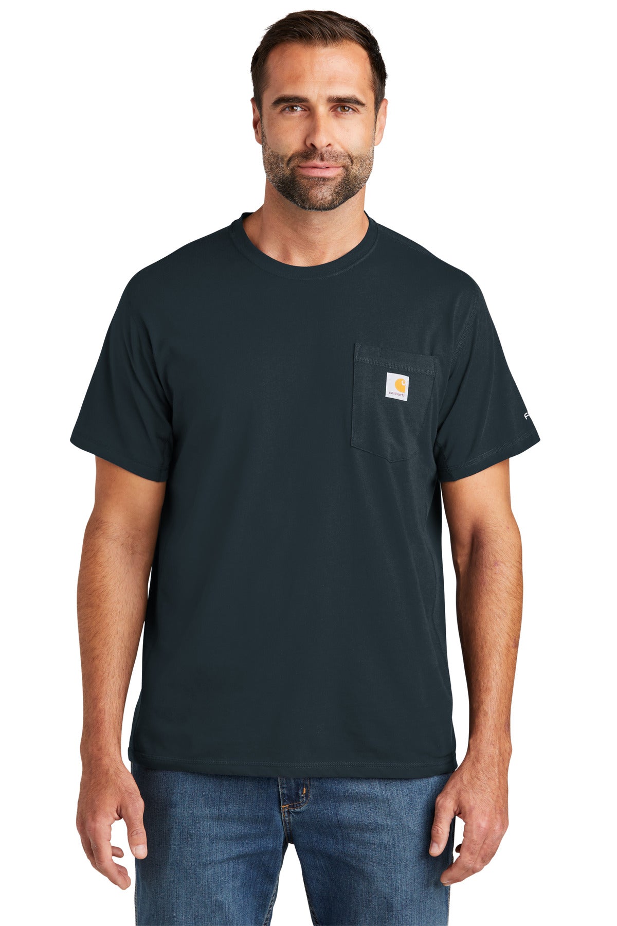 Front View of Navy Carhartt Force Short Sleeve Pocket T-Shirt CT106652