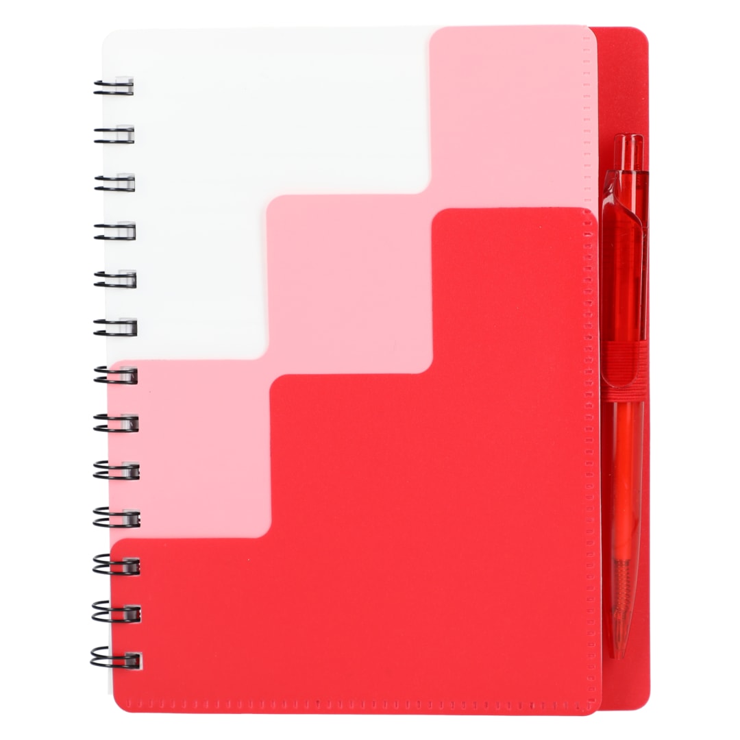 Front View of Red 5" x 7" Recycled Pace Spiral Notebook w Pen plain