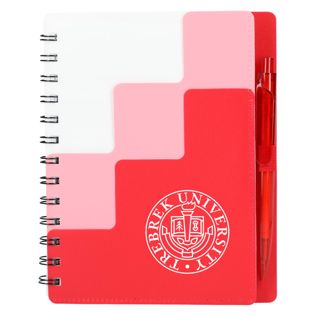 Front View of Red 5" x 7" Recycled Pace Spiral Notebook w Pen