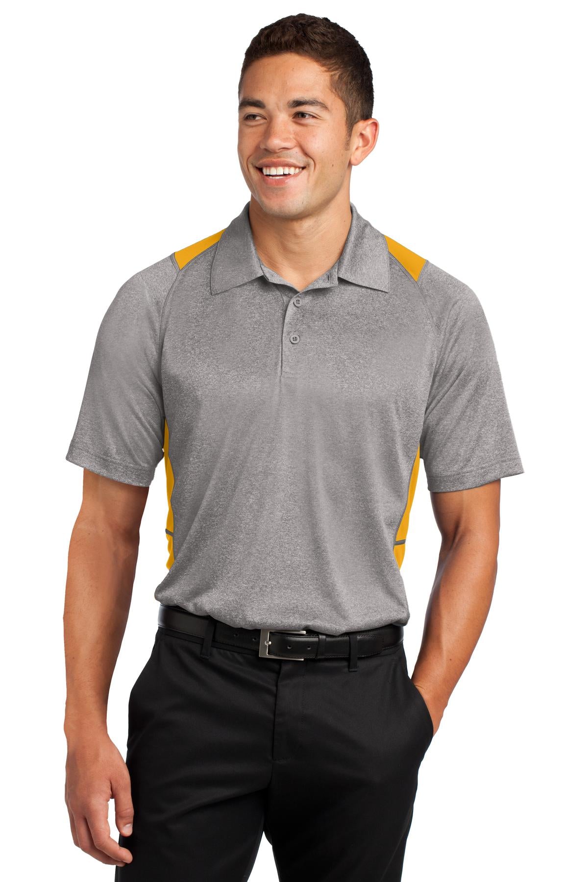 Front View of Vnt He/Gold Sport-Tek Heather Colorblock Contender Polo. ST665