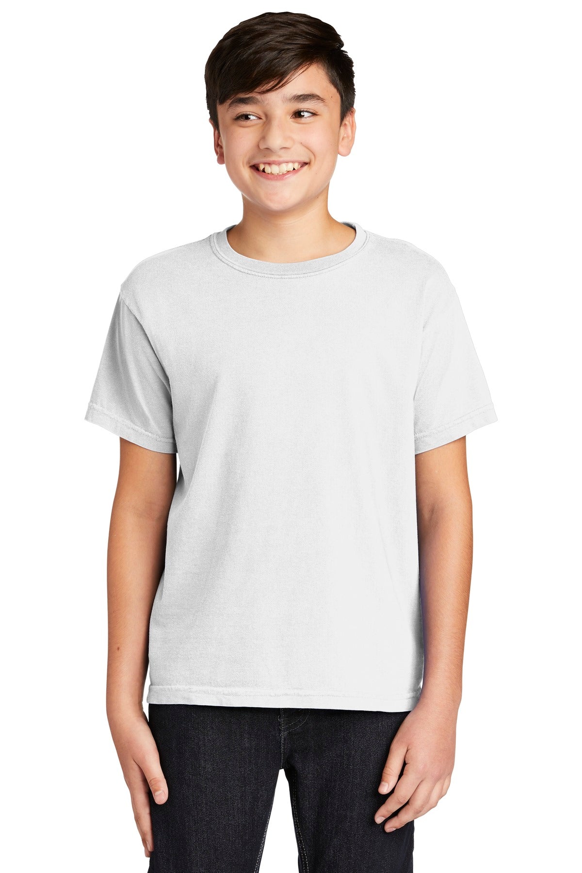 Front View of White COMFORT COLORS Youth Heavyweight Ring Spun Tee. 9018