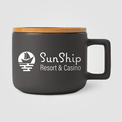 Brown (Lid) Café Virtuoso - 12 oz. Ceramic Mug with Bamboo Lid Engraved