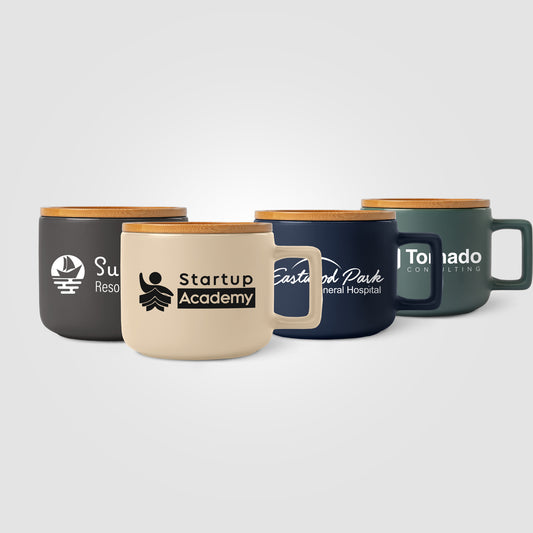 Café Virtuoso - 12 oz. Ceramic Mug with Bamboo Lid Engraved  grouped