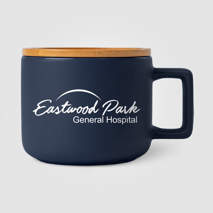 Brown (Lid) Café Virtuoso - 12 oz. Ceramic Mug with Bamboo Lid Engraved