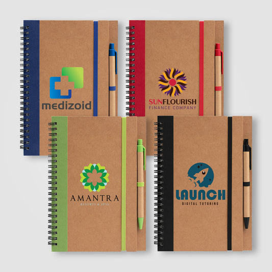 Kraft Hard Cover Spiral Notebook with Pen  grouped