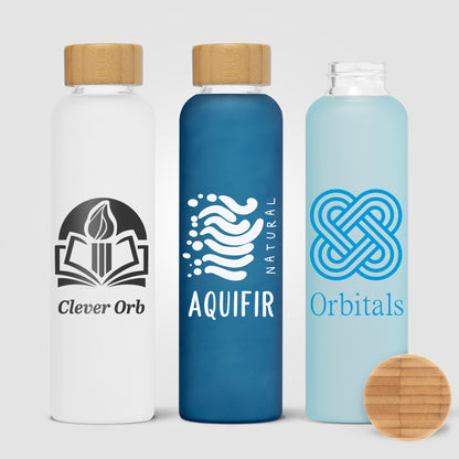 Lucerne - 20 oz. Frosted Borosilicate Glass Bottle with Bamboo Lid  grouped