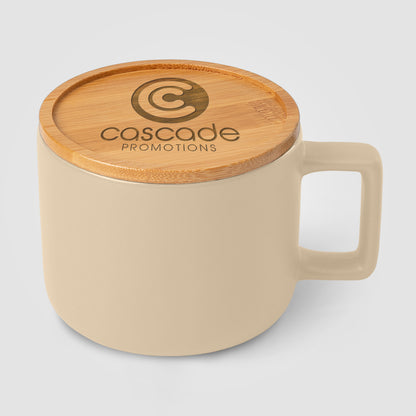 Brown (Lid) Café Virtuoso - 12 oz. Ceramic Mug with Bamboo Lid Engraved