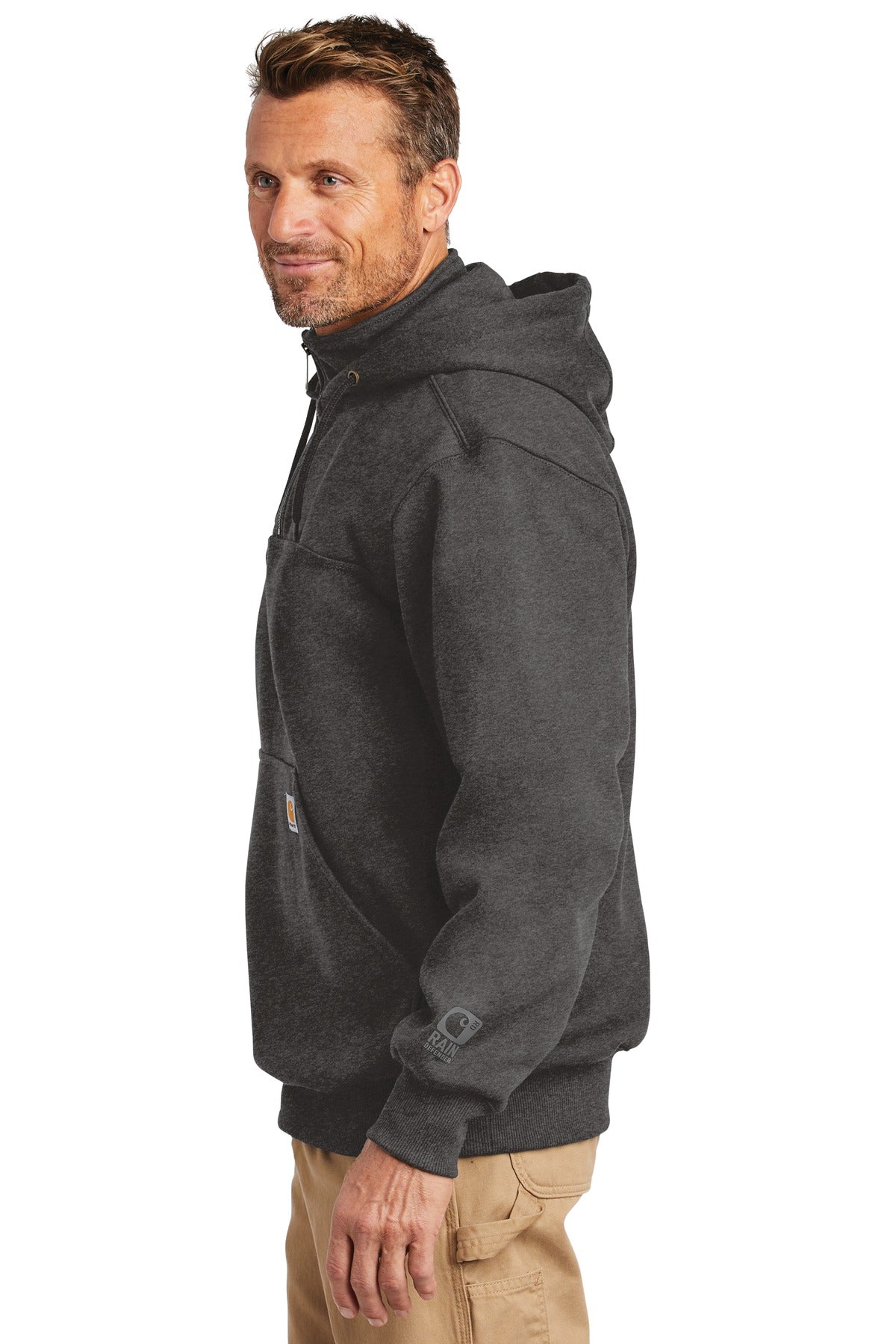 Carbon Heather Carhartt Rain Defender Paxton Heavyweight Hooded Zip Mock Sweatshirt. CT100617