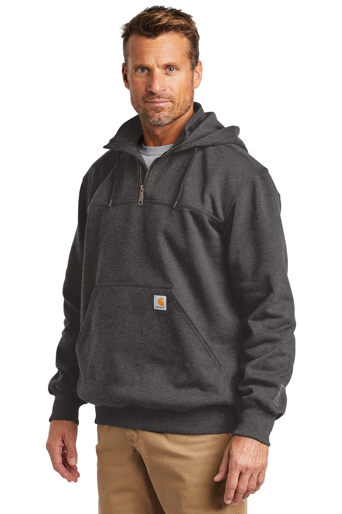 Carbon Heather Carhartt Rain Defender Paxton Heavyweight Hooded Zip Mock Sweatshirt. CT100617