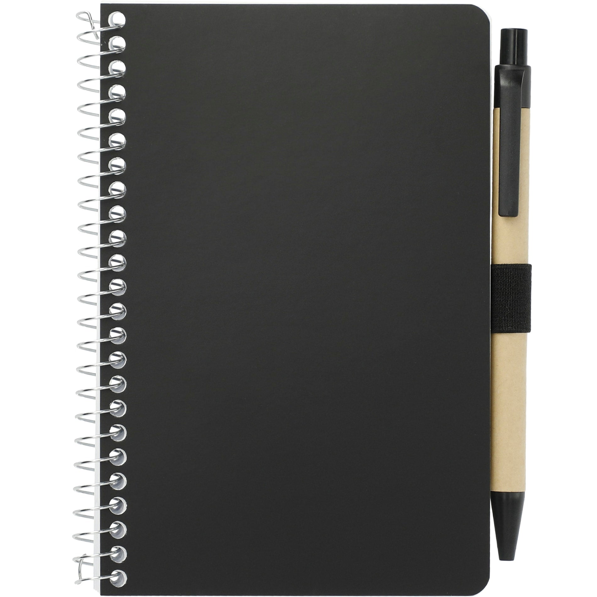 Front View of Black 4" x 6" FSC® Mix Pocket Spiral Notebook with Pen plain