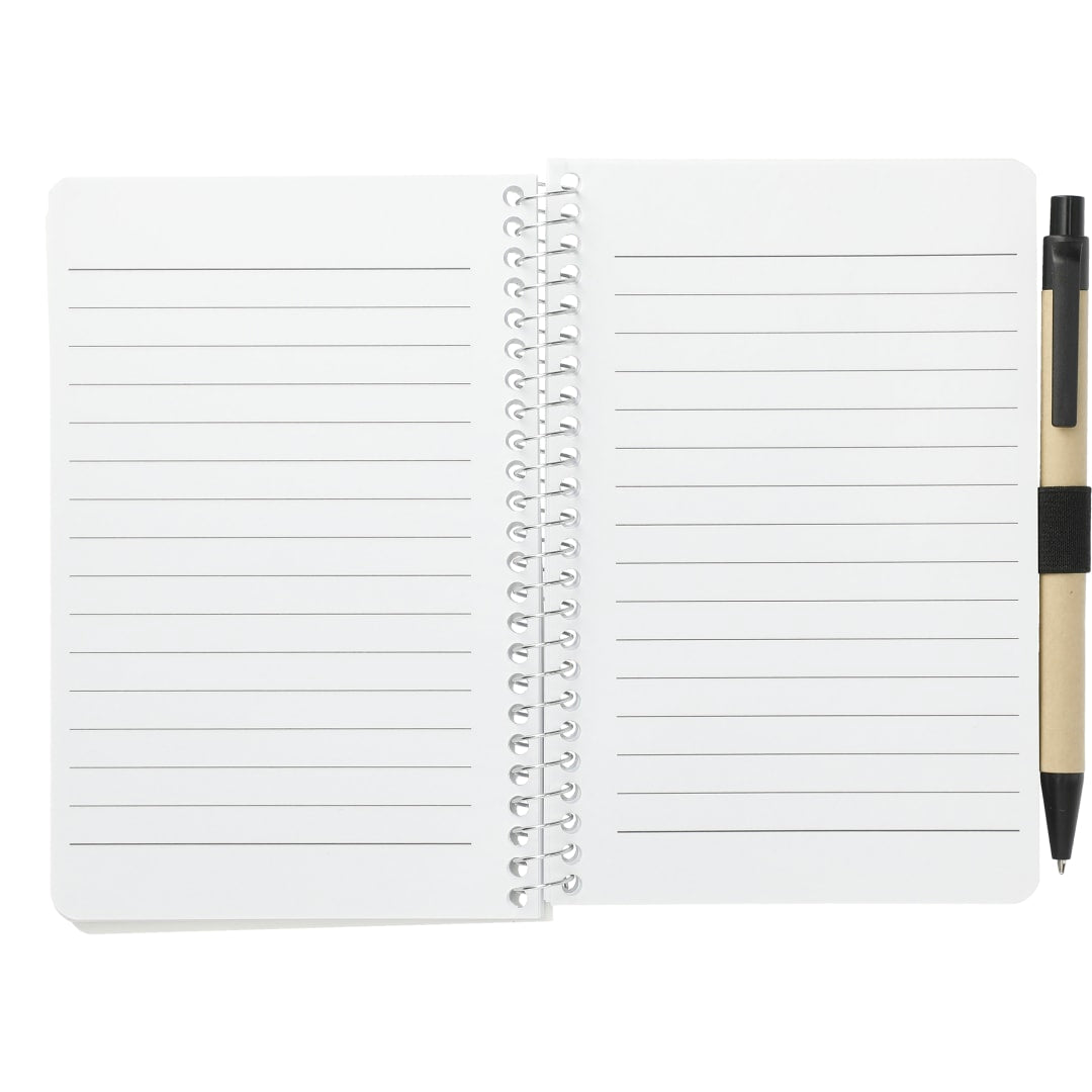 Front View of Black 4" x 6" FSC® Mix Pocket Spiral Notebook with Pen