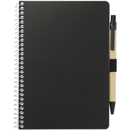 Front View of Black 5” x 7” FSC® Mix Spiral Notebook with Pen plain