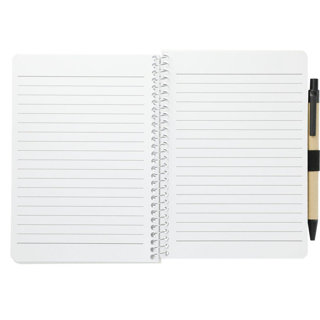 Front View of Black 5” x 7” FSC® Mix Spiral Notebook with Pen