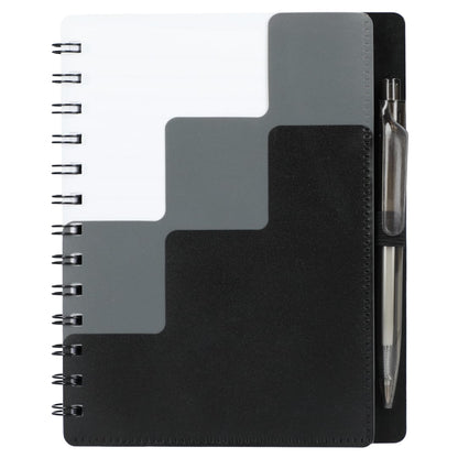 Front View of Black 5" x 7" Recycled Pace Spiral Notebook w Pen plain