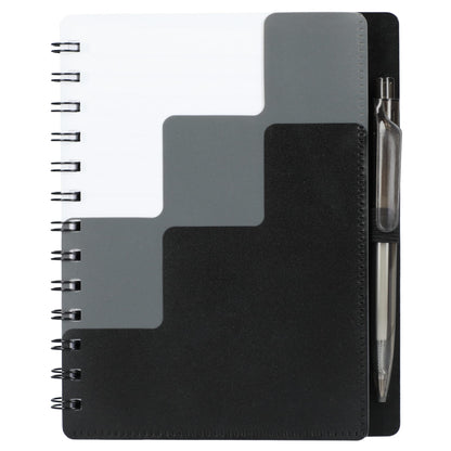 Front View of Black 5" x 7" Recycled Pace Spiral Notebook w Pen plain