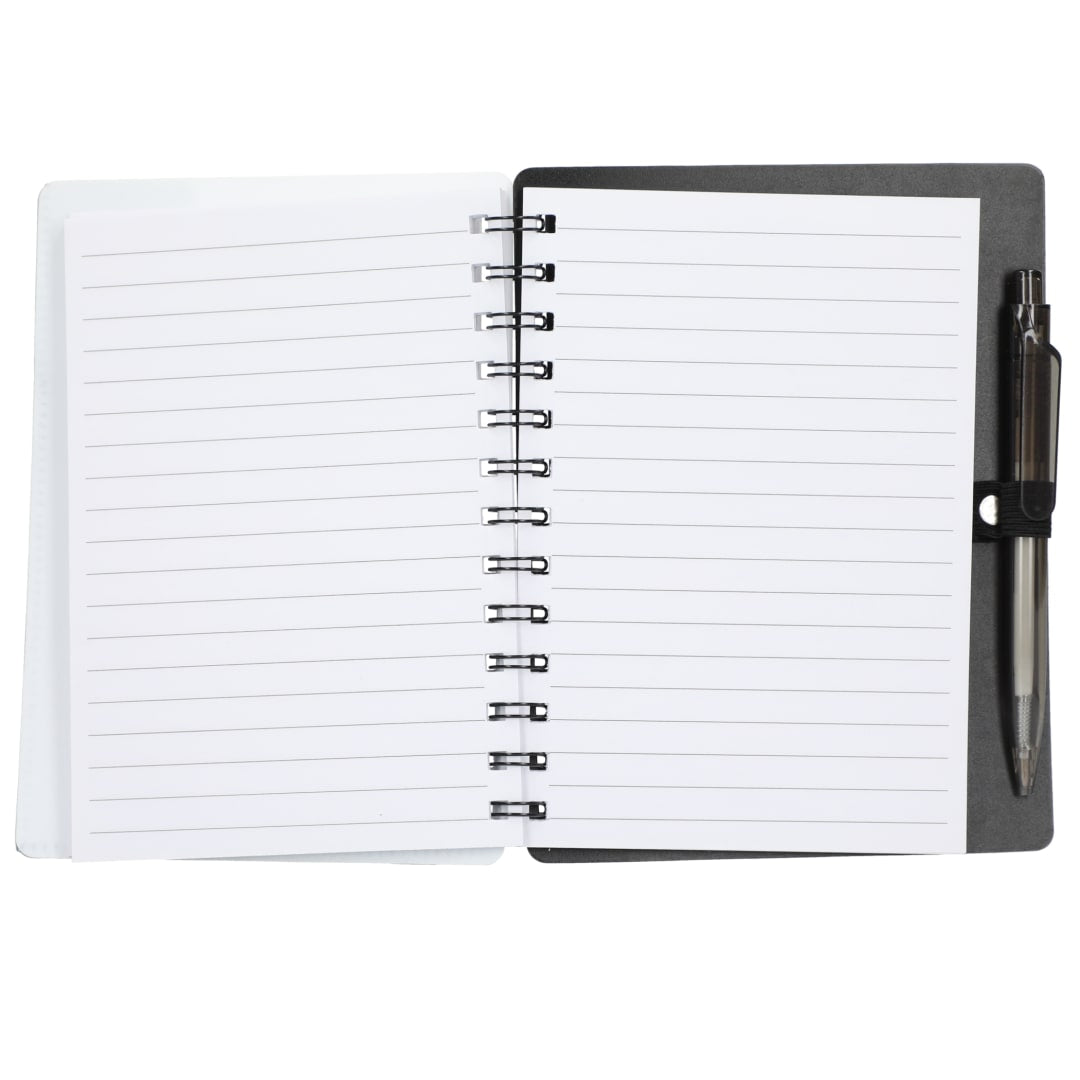 Front View of Black 5" x 7" Recycled Pace Spiral Notebook w Pen plain