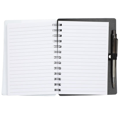 Front View of Black 5" x 7" Recycled Pace Spiral Notebook w Pen plain