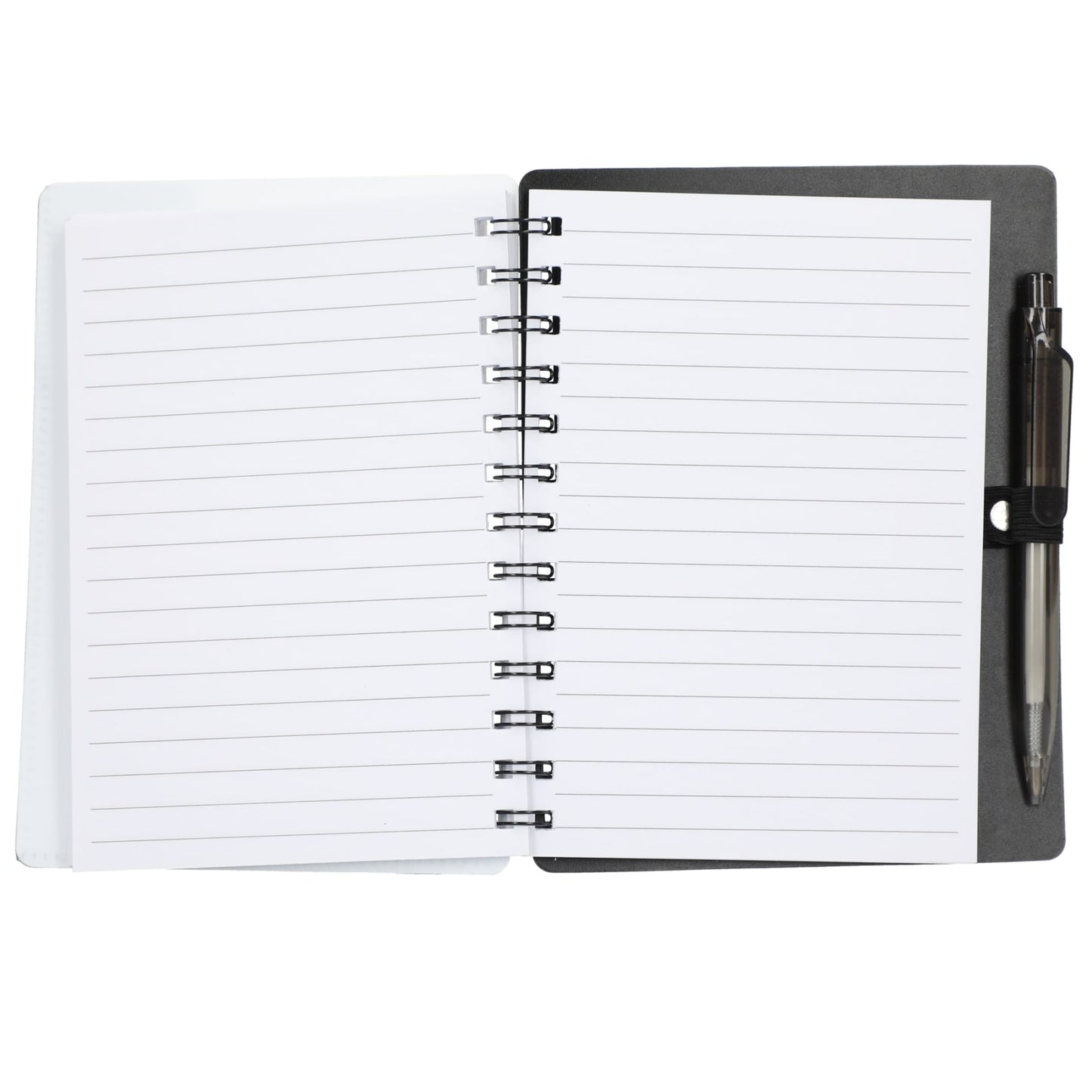 Front View of Black 5" x 7" Recycled Pace Spiral Notebook w Pen plain