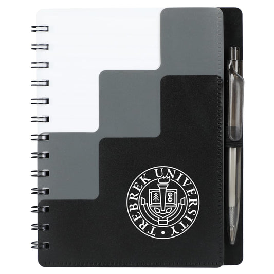 Front View of Black 5" x 7" Recycled Pace Spiral Notebook w Pen