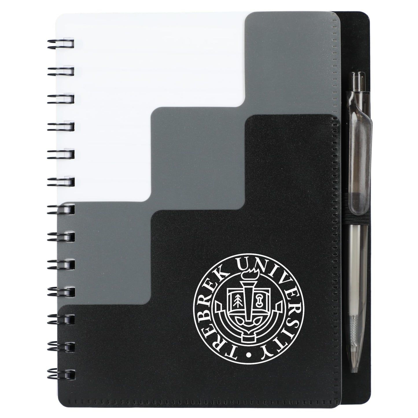Front View of Black 5" x 7" Recycled Pace Spiral Notebook w Pen