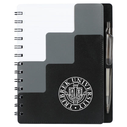 Front View of Black 5" x 7" Recycled Pace Spiral Notebook w Pen