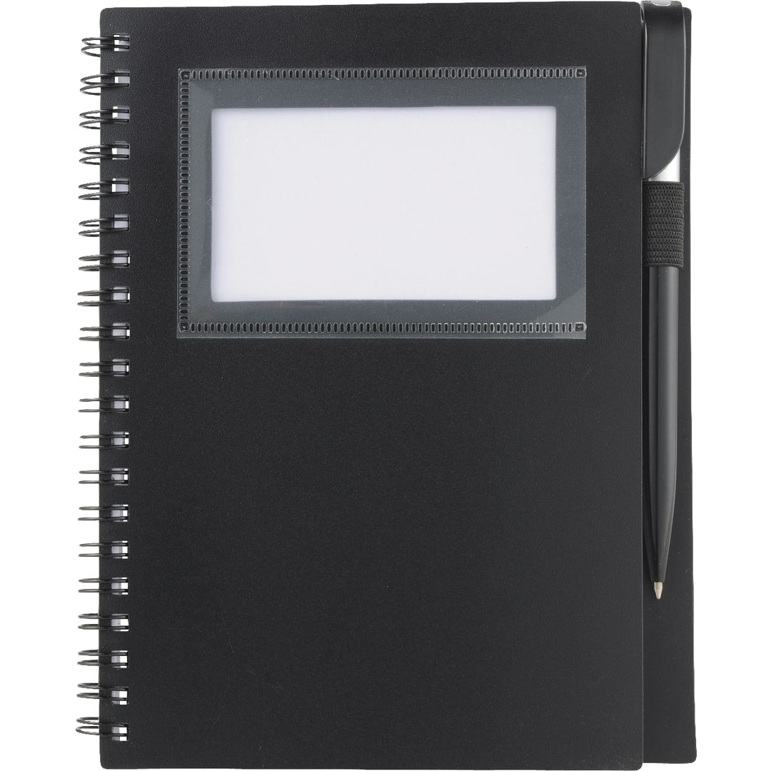 Front View of Black 5.5" x 7" FSC® Mix Star Spiral Notebook with Pen plain
