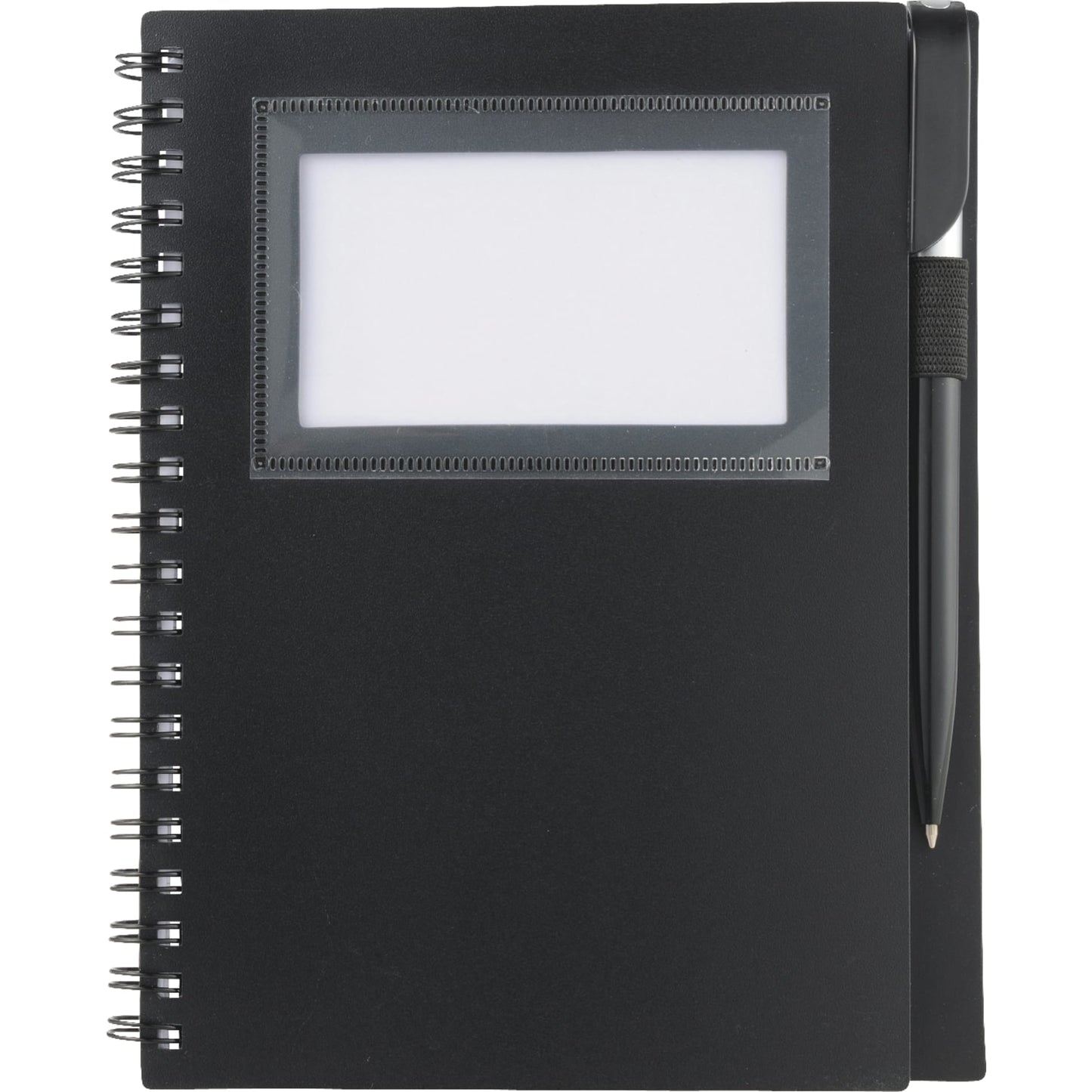 Front View of Black 5.5" x 7" FSC® Mix Star Spiral Notebook with Pen plain