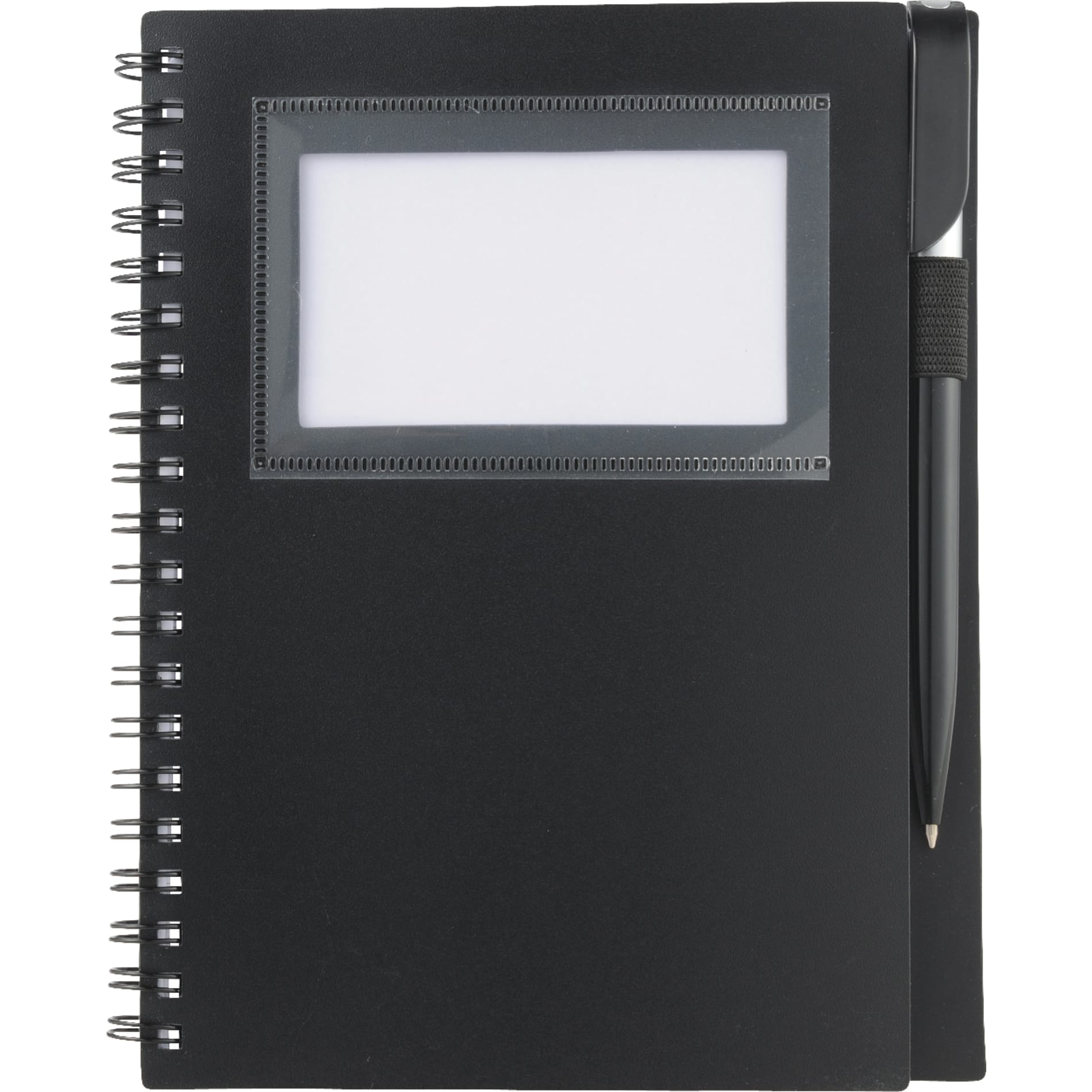 Front View of Black 5.5" x 7" FSC® Mix Star Spiral Notebook with Pen plain