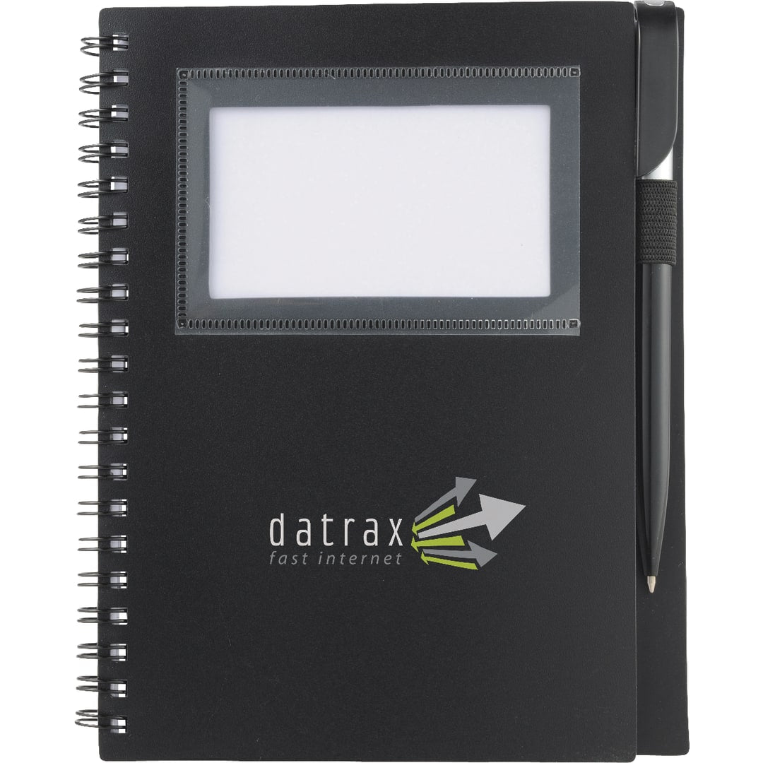 Front View of Black 5.5" x 7" FSC® Mix Star Spiral Notebook with Pen