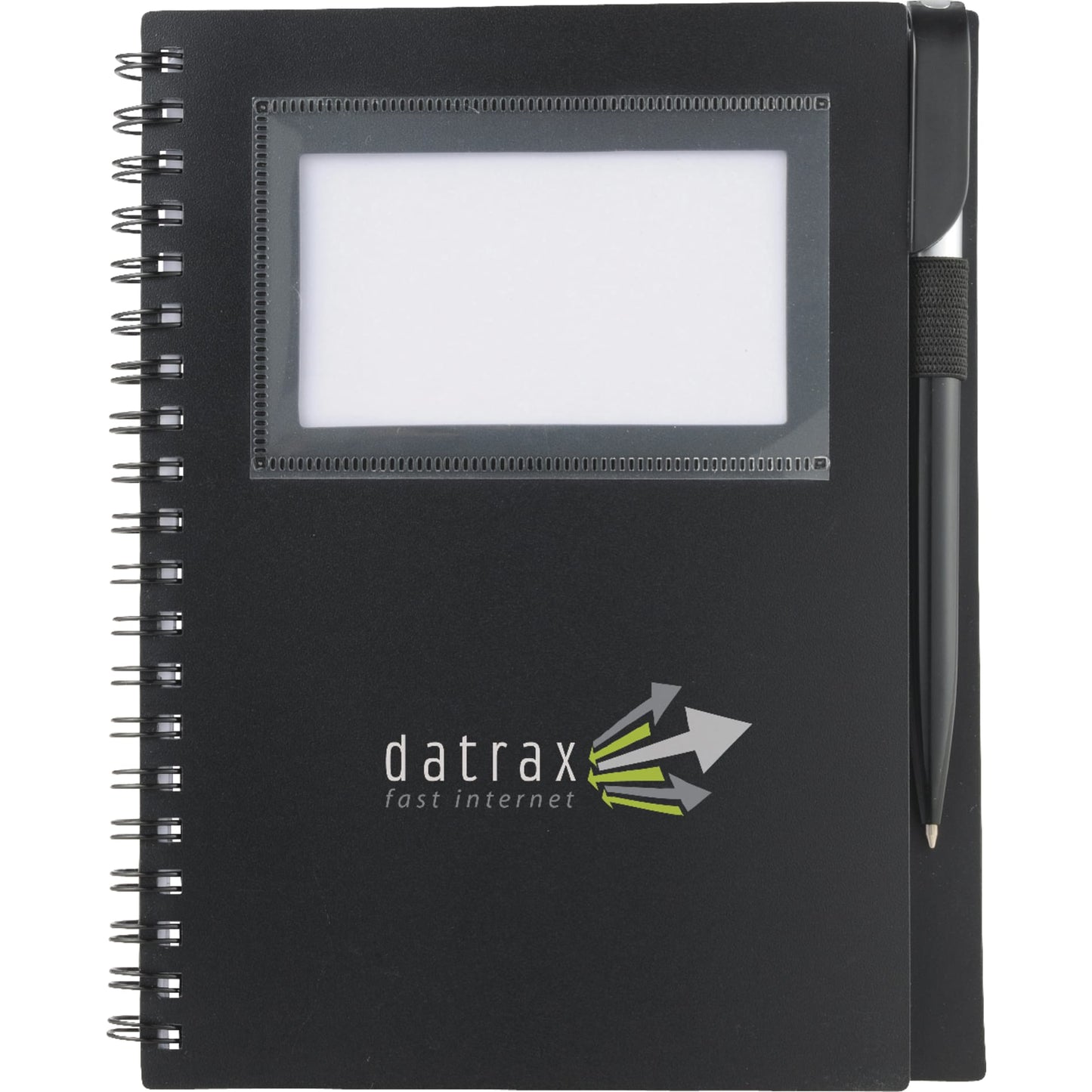Front View of Black 5.5" x 7" FSC® Mix Star Spiral Notebook with Pen