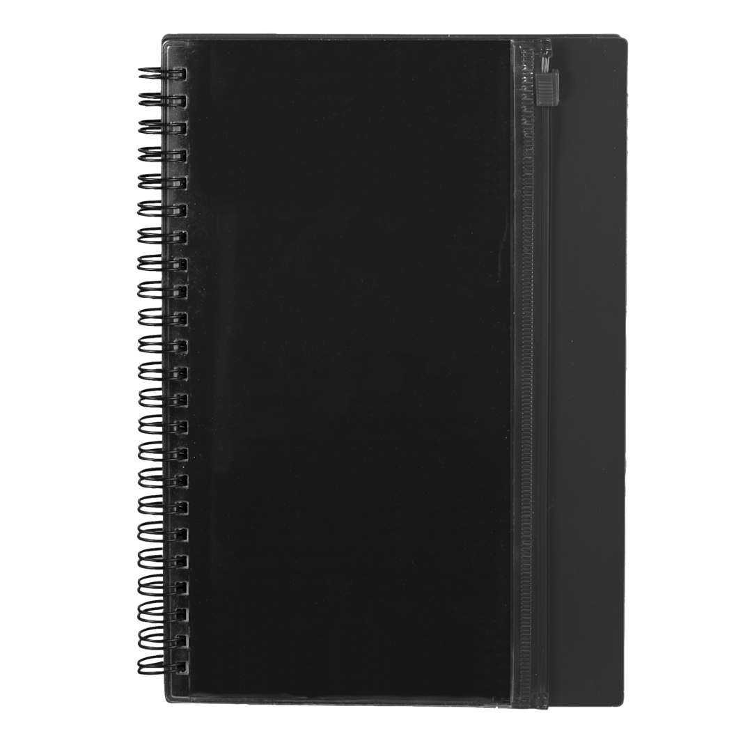 Front View of Black 5.5" x 8.5" Spiral Notebook with Clear Pocket plain