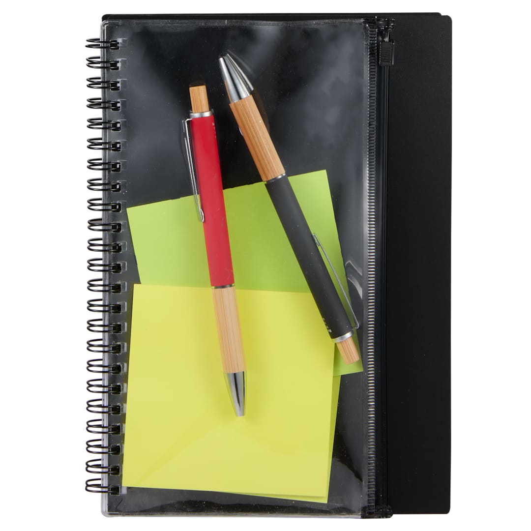 Front View of Black 5.5" x 8.5" Spiral Notebook with Clear Pocket plain