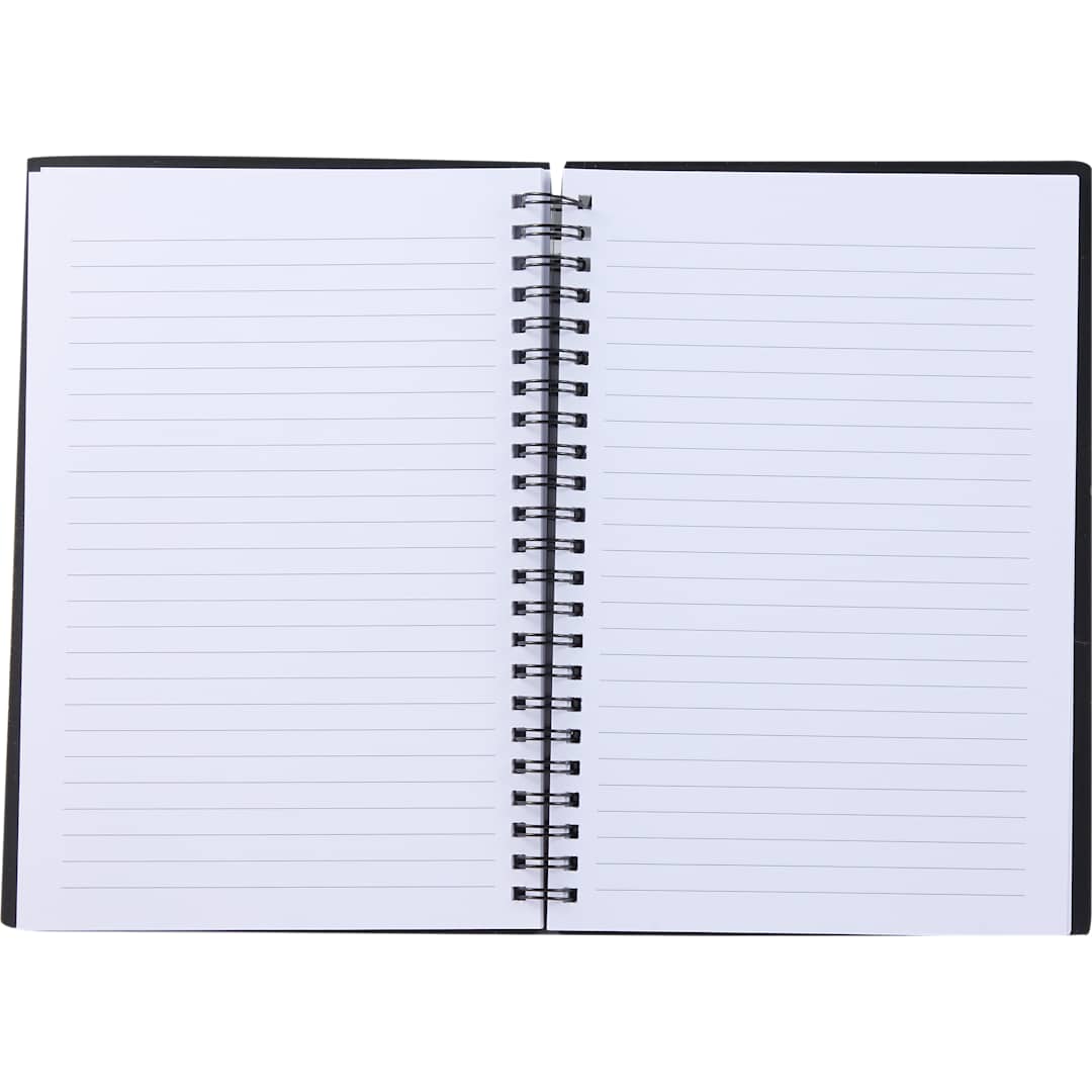 Front View of Black 5.5" x 8.5" Spiral Notebook with Clear Pocket plain