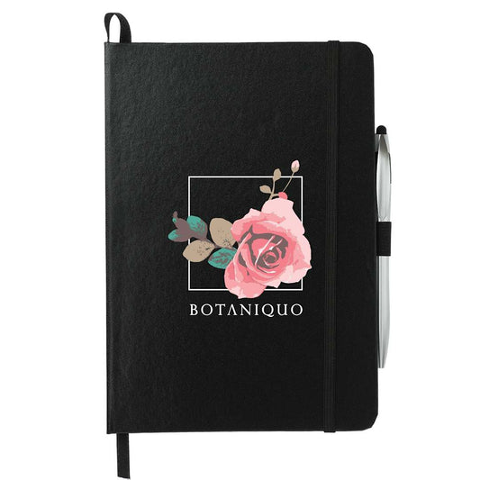 Front View of Black 6" x 8.5" FSC® Mix Crown Journal with Pen-Stylus