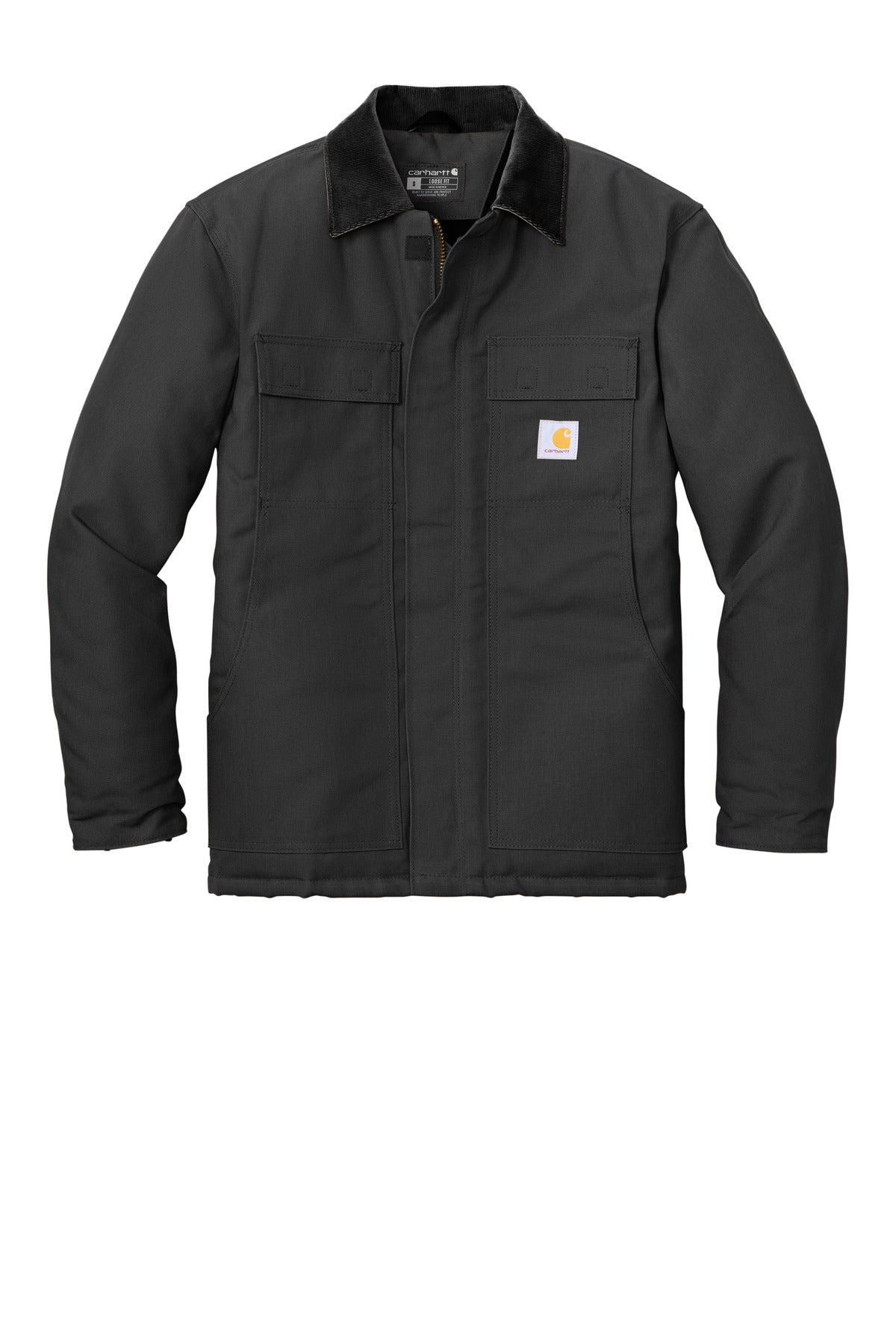 Front View of Black Carhartt Duck Traditional Coat. CT106674