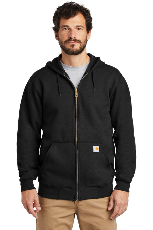 Front View of Black Carhartt Midweight Hooded Zip-Front Sweatshirt. CTK122