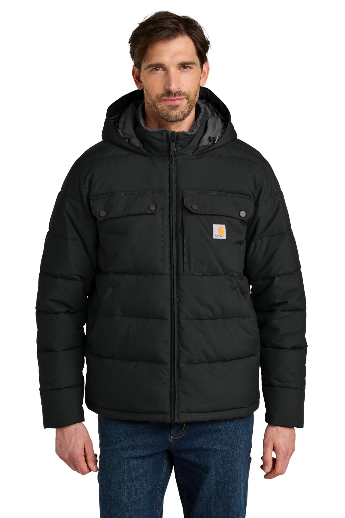 Front View of Black Carhartt Montana Insulated Hooded Jacket CT107082