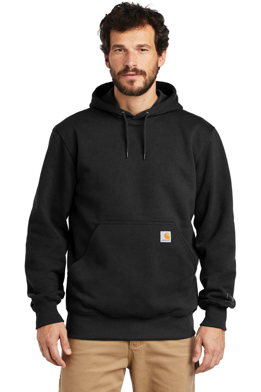 Front View of Black Carhartt Rain Defender Paxton Heavyweight Hooded Sweatshirt. CT100615