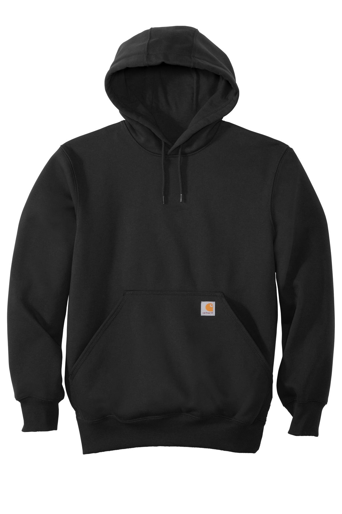 Front View of Black Carhartt Rain Defender Paxton Heavyweight Hooded Sweatshirt. CT100615